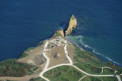 France, Calvados, Pointe du Hoc with bomb holes made by the Normandy landings of June 6 1944 during the Second World War (aerial view)