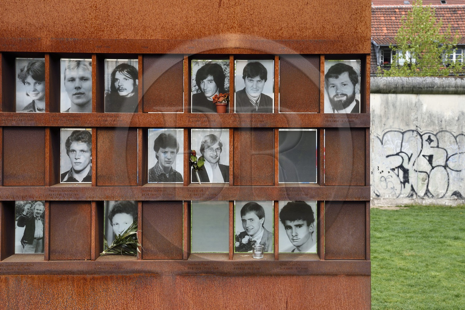 Allemagne, Berlin, Bernauer Strasse, Mémorial du Mur de Berlin (Gedenkstätte Berliner Mauer), das Fenster des Gedenkens (la fenêtre du Souvenir) où les victimes du Mur sont honorées avec leur nom et une photo-portrait