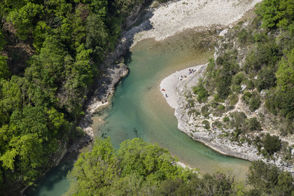 France, Alpes de Haute Provence, Parc Naturel Regional du Verdon, the Verdon Gorge, view on the Verdon river and the Breche Imbert from the panoramic viewpoint of the Mescla balcony where the waters of the river mix with its tributary the Artuby