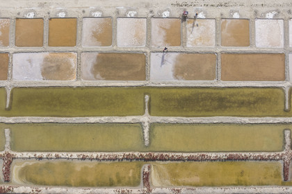 France, Charente Maritime, Port des Barques, Ile Madame, the Ile Madame Aquaculture Farm, Jean Philippe and Gaelle Mineau harvest salt from their saltworks (aerial view)