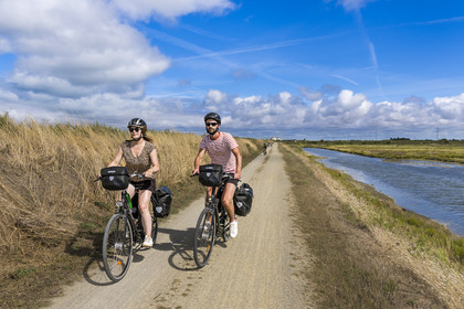 France, Vendée (85), île de Noirmoutier, La Guérinière, cyclistes sur la piste cyclable qui suit la digue entre le Port de Bonhomme et le passage du Gois