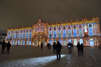 France, Meurthe-et-Moselle, Nancy, place Stanislas (former Place Royale) during the feast of Saint-Nicolas, listed as World Heritage by UNESCO, the Town Hall in the lights of Saint-Nicolas