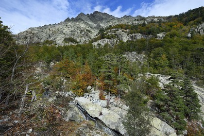 France, Haute Corse, Vivario, hiking on the GR 20, between Onda refuge and Vizzavona, Vizzavona forest, Englishmen cascades, waterfalls group in the Agnone valley under the Monte d'Oro