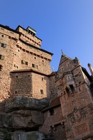 France, Bas Rhin, Orschwiller, Alsace Wine Road, Haut Koenigsbourg Castle, south lodging house overlooked by the dungeon and entrance tower