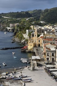 Italy, Sicily, Aeolian Islands, listed as World Heritage by UNESCO, Lipari Island, Lipari, Marina Corta fishing port and San Giuseppe church