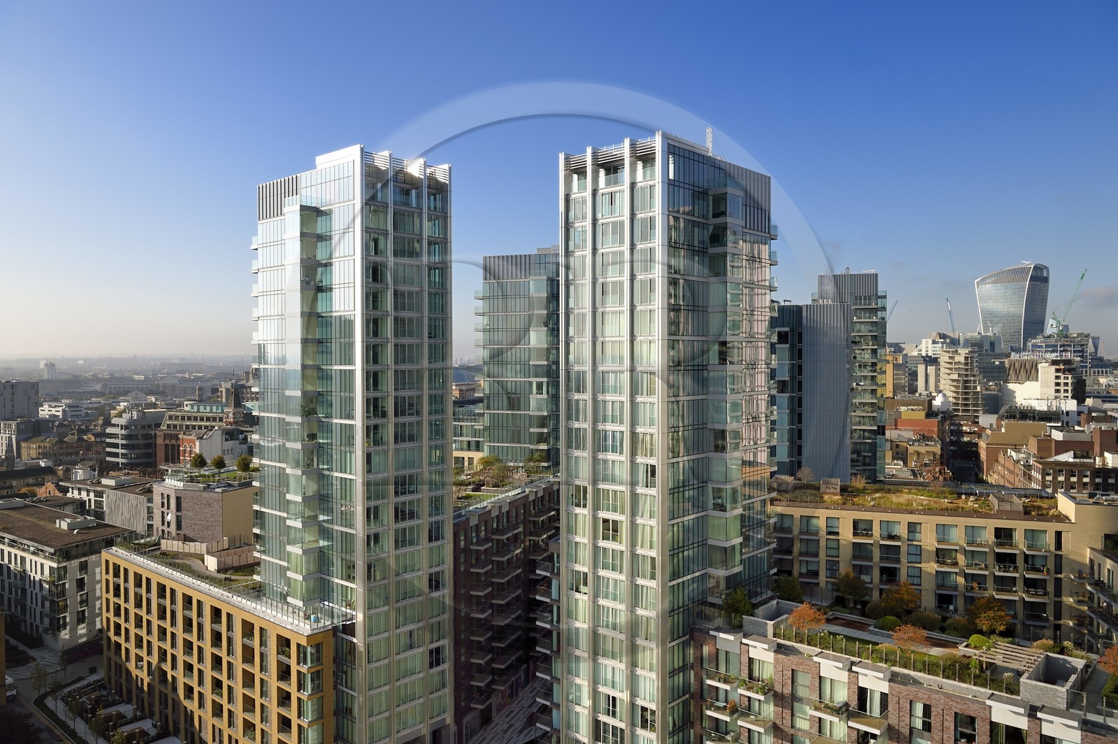 United Kingdom, London, Whitechapel district, the new Aldgate buildings and the 20 Fenchurch Street nicknamed the Walkie-Talkie designed by the architect Rafael Vinoly in the background
