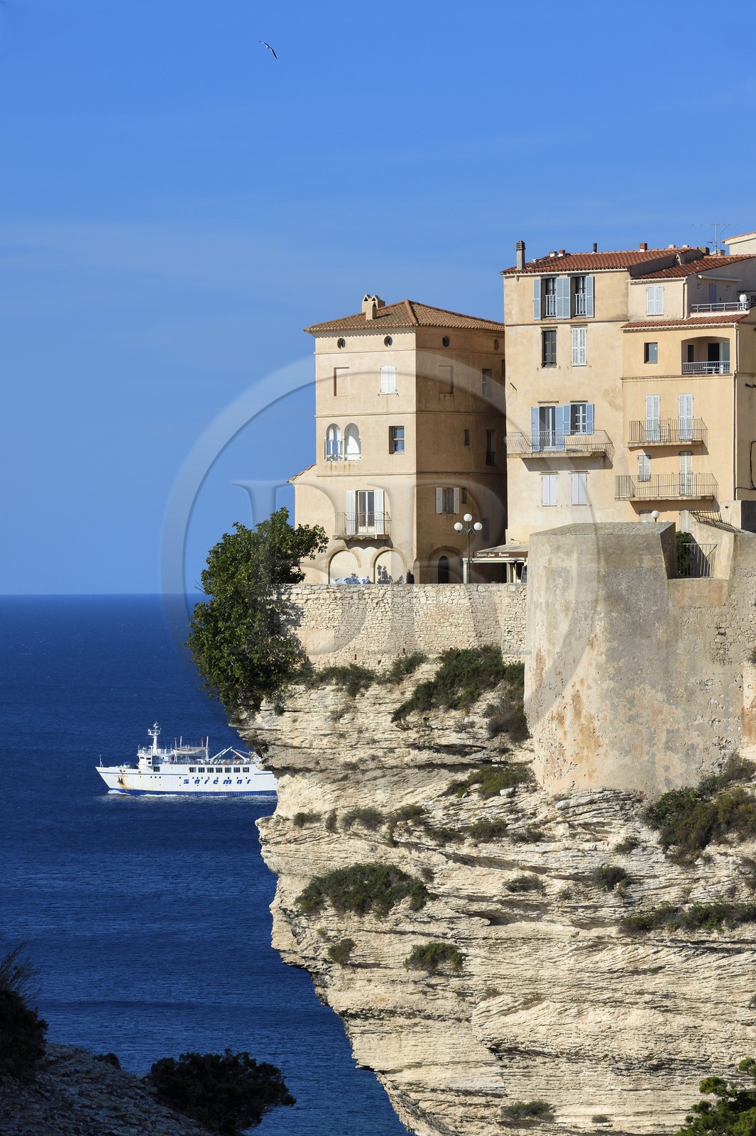 France, Corse-du-Sud (2A), Bonifacio, la vieille ville ou Haute Ville perchée sur des falaises de calcaire de plus de 60 mètres de haut et sortie du ferry de liaison avec la Sardaigne France, Corse-du-Sud (2A), Bonifacio, la vieille ville ou Haute Ville perchée sur des falaises de calcaire de plus de 60 mètres de haut et sortie du ferry de liaison avec la Sardaigne