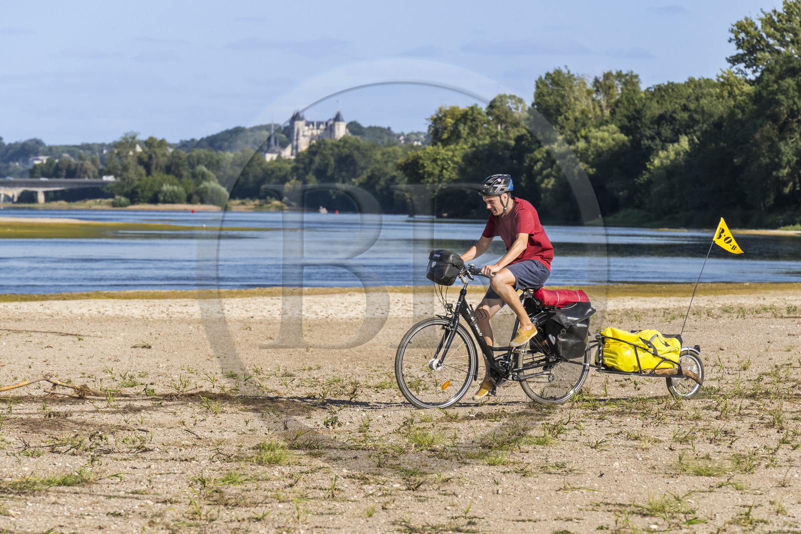 France, Maine-et-Loire, Loire valley listed as World Heritage by UNESCO, Saumur towards Saint-Hilaire, sandbanks forming islands on the Loire and Saumur castle in the background, cycling on the banks of the Loire, bike with a trailer carrying camping equipment