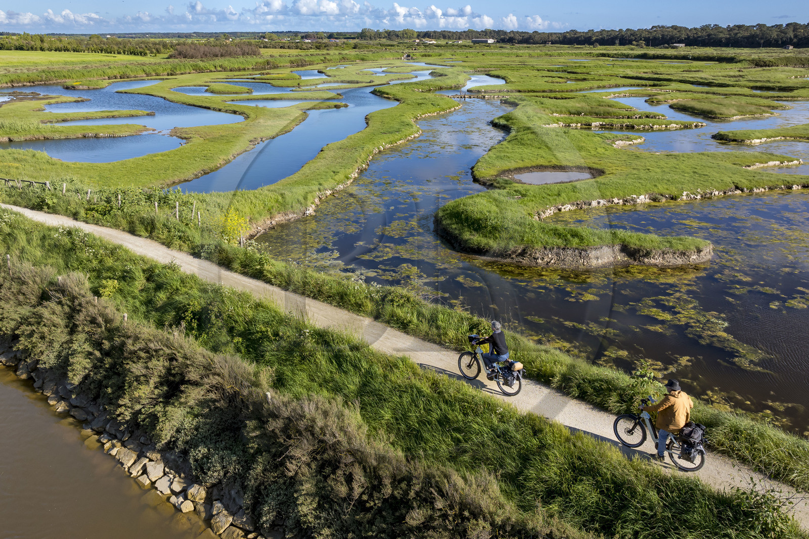 France, Vendée (85), Talmont-Saint-Hilaire, marais de la Guittière dans l'arrière pays de la Pointe du Payré, cycliste sur la piste de la véloroute Vendée Vélo Tour et Vélodyssée au passage du Cul d’Ane, marais aménagés pour la pisciculture de dorades, mulets et anguilles (vue aérienne) France, Vendée (85), Talmont-Saint-Hilaire, marais de la Guittière dans l'arrière pays de la Pointe du Payré, cycliste sur la piste de la véloroute Vendée Vélo Tour et Vélodyssée au passage du Cul d’Ane, marais aménagés pour la pisciculture de dorades, mulets et anguilles (vue aérienne)