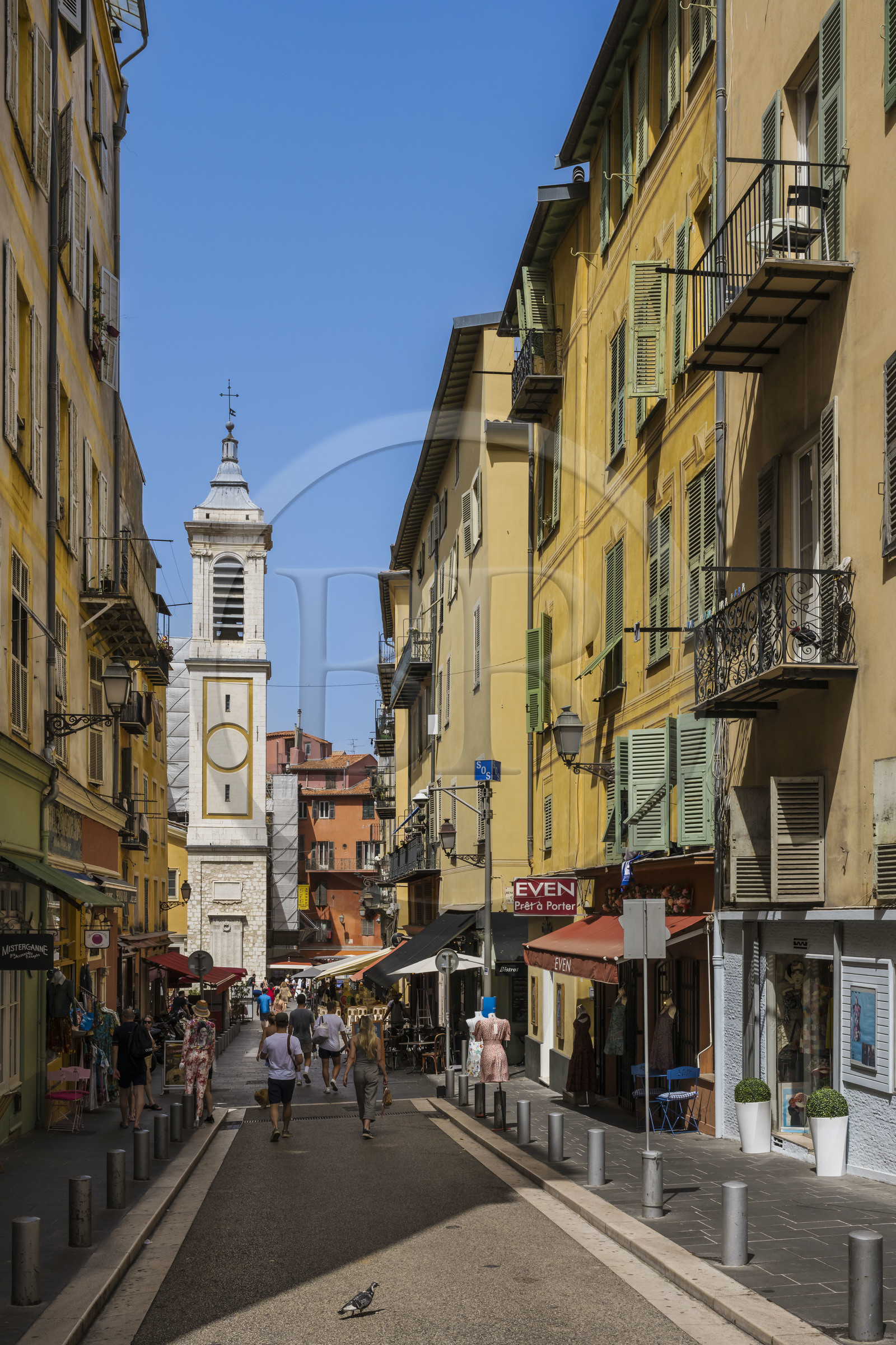 France, Alpes-Maritimes, Nice, listed as World Heritage by UNESCO, Old Nice, Rue Rossetti and the bell tower of the Sainte Reparate Cathedral in the background