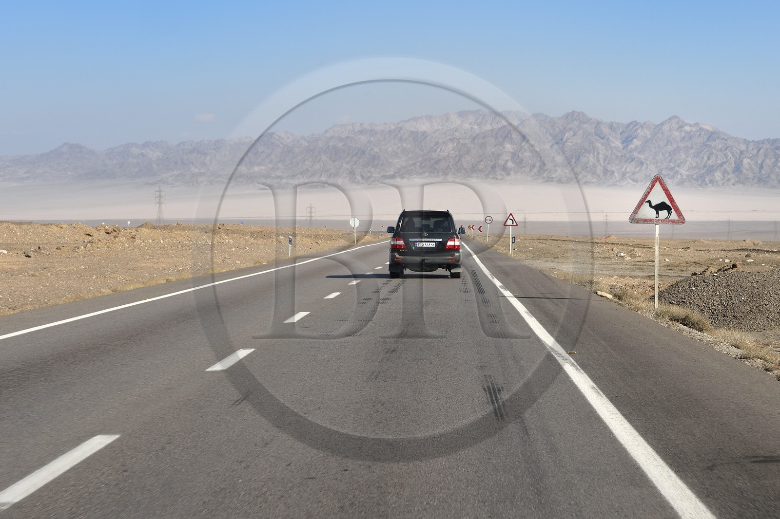 Iran, Province de Yazd, désert du Dasht-e Kavir, région de Ardakan, panneau indicateur de traversée de Chameau, les dromadaires sont responsables de nombreux accidents notamment de nuit sur les routes