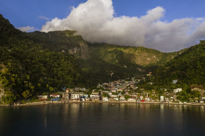 Caribbean, Dominica Island, Soufriere Bay, the beach and the village of Soufriere (aerial view)