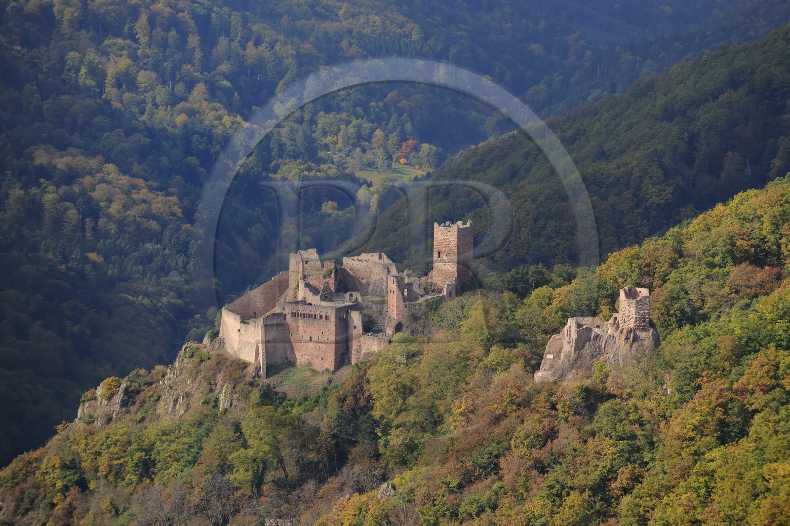 France, Haut Rhin, Ribeauville, Saint-Ulrich Castle and Girsberg Castle right (aerial view)