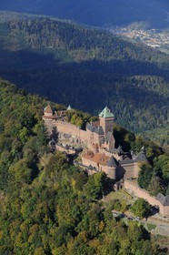 France, Bas Rhin, Orschwiller, Alsace Wine Road, Haut Koenigsbourg Castle in the Vosges forest (aerial view)
