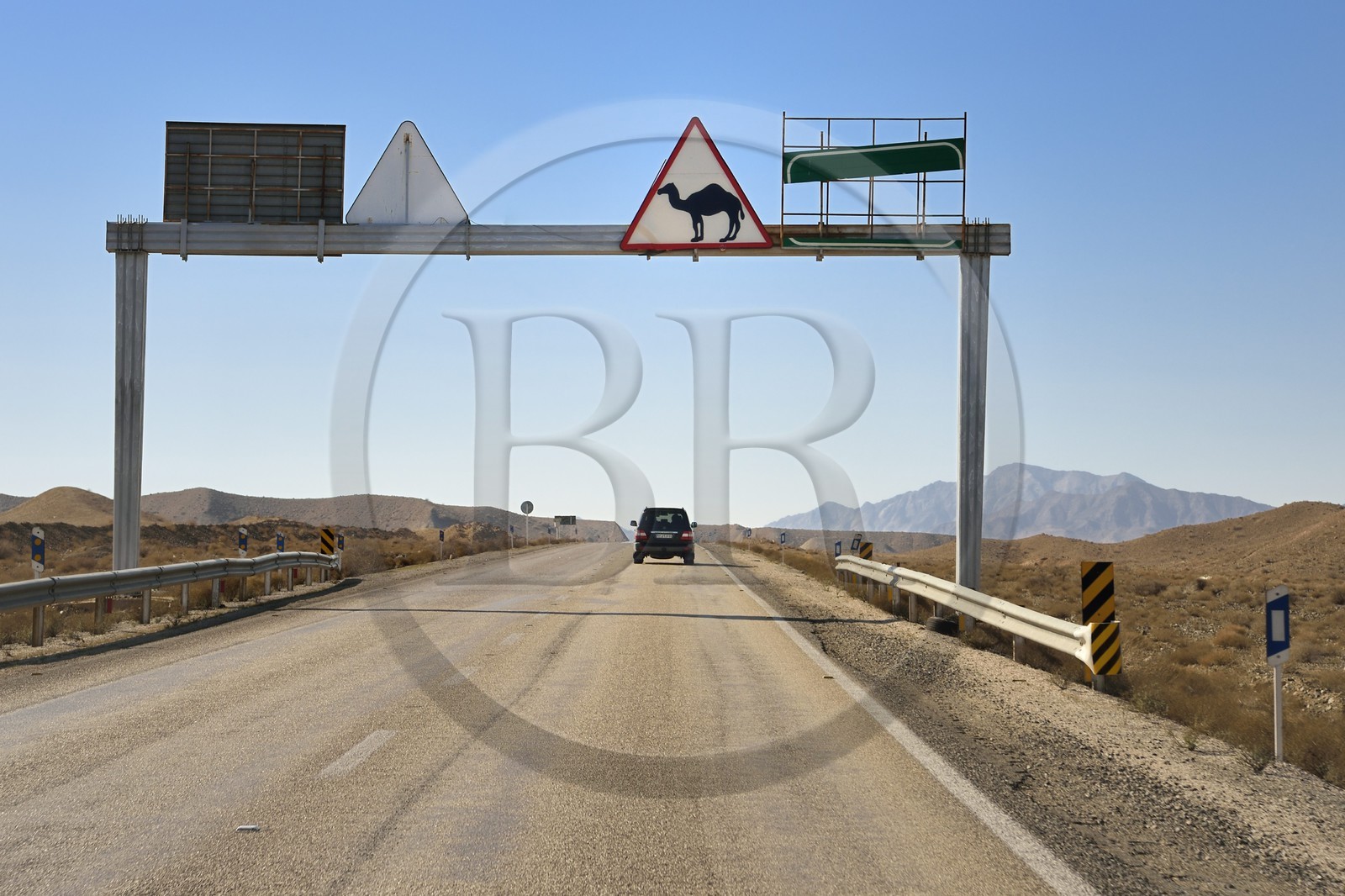 Iran, Province de Yazd, désert du Dasht-e Kavir, Rabat-e-posht-e-Badam, panneau indicateur de traversée de Chameau, les dromadaires sont responsables de nombreux accidents notamment de nuit sur les routes