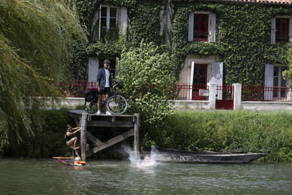 France, Deux-Sèvres, le Marais Poitevin, Green Venice, Le Mazeau, bicycle journey along the Sevre Niortaise River banks on the Vélo Francette cycle path