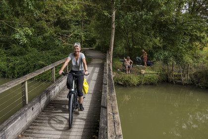 France, Charente Maritime, Saint Agnan, cyclist on the cycle route towards Trizay Abbey, meeting with fishermen along the small canal of Pont-l'Abbé in the Arnoult river valley