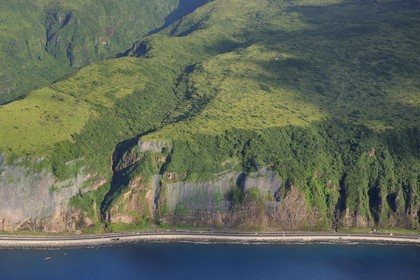 France, Reunion Island (French overseas department), the Route du Littoral (Coastal Road) at the foot of the cliffs between Le Port and Saint Denis (aerial view)