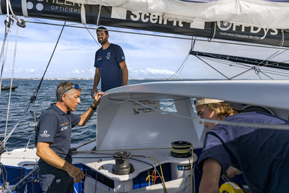 France, Vendee, Les Sables d'Olonne, skipper Manuel Cousin training on his 60-foot monohull sailboat IMOCA Coup de Pouce
