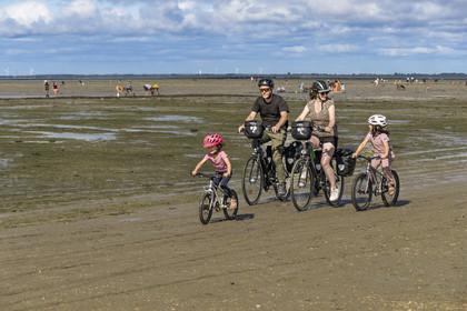 France, Vendée (85), île de Noirmoutier, Barbatre, famille de cyclistes sur l'estran en bordure du passage du Gois, chaussée submersible qui relie l'île au continent à marrée basse