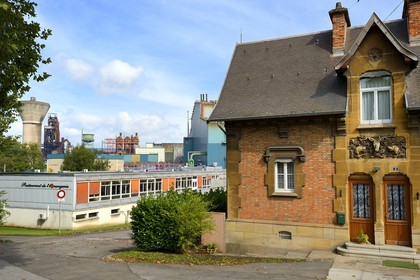 France, Moselle, Fensch Valley, Hayange, steel mill, the last Blast furnaces (known as of Florange) of ArcelorMittal, former gatehouse of the Wendel's castle