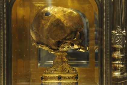 France, Manche, Avranches, Saint Gervais Church, relic of the skull of Saint Aubert who founded the Mont Saint Michel, one notices the hole left by the finger of the archangel
