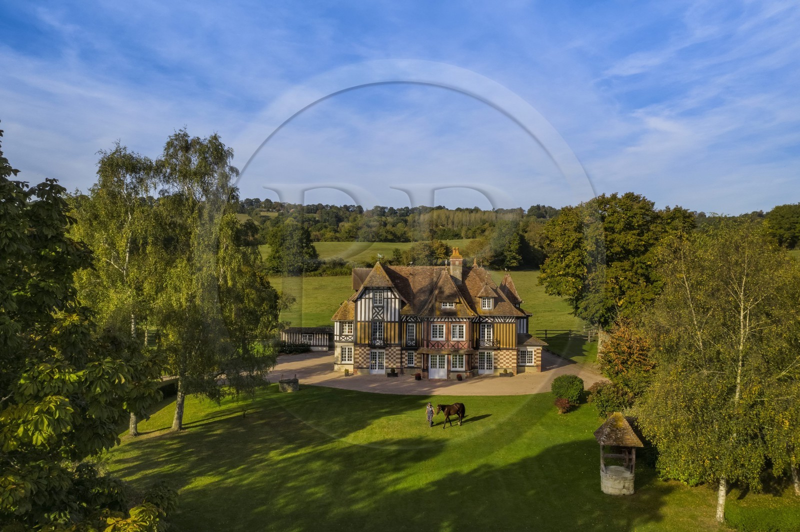 France, Calvados (14), Pays d'Auge, Beuvron-en-Auge, labellisé Les Plus Beaux Villages de France, manoir du Haras de Sens, le cheval Gold de Padd (fils de l'étalon Ready Cash) tenu par le stud groom Dominique Blachet (vue aérienne) France, Calvados (14), Pays d'Auge, Beuvron-en-Auge, labellisé Les Plus Beaux Villages de France, manoir du Haras de Sens, le cheval Gold de Padd (fils de l'étalon Ready Cash) tenu par le stud groom Dominique Blachet (vue aérienne)