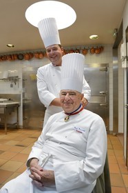 France, Rhone, Collonges au Mont d'Or, Paul Bocuse Restaurant L'Auberge du Pont de Collonges, three Michelin stars since 1965, famous French chef Paul Bocuse with the chef executif Christophe Muller