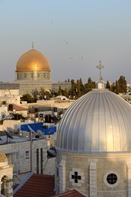 Israel, Jerusalem, holy city, the old town listed as World Heritage by UNESCO, the roofs of the Muslim Quarter, the church of Our Lady of the Spasm and the Dome of the Rock in the background