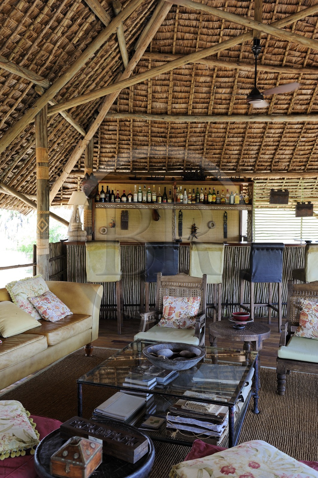 Tanzanie, Reserve de gibier de Selous une des plus grandes zones protégées au monde et inscrite sur la liste du patrimoine mondial de l’Unesco depuis 1982, le très exclusif Selous Camp, le bar