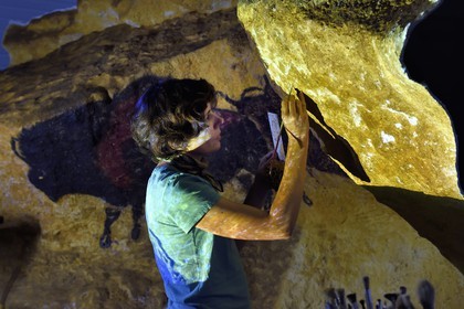 France, Dordogne (24), Montignac, l’Atelier des Fac-Similés du Périgord (AFSP) spécialisé dans la reproduction minérale de parois ornées de la préhistoire et en charge de la reconstitution fidèle des parois de la grotte de Lascaux, reproductions des peintures par la peintre-copiste Margot Aït Kaci, mention obligatoire Atelier des Fac-Similés du Périgord