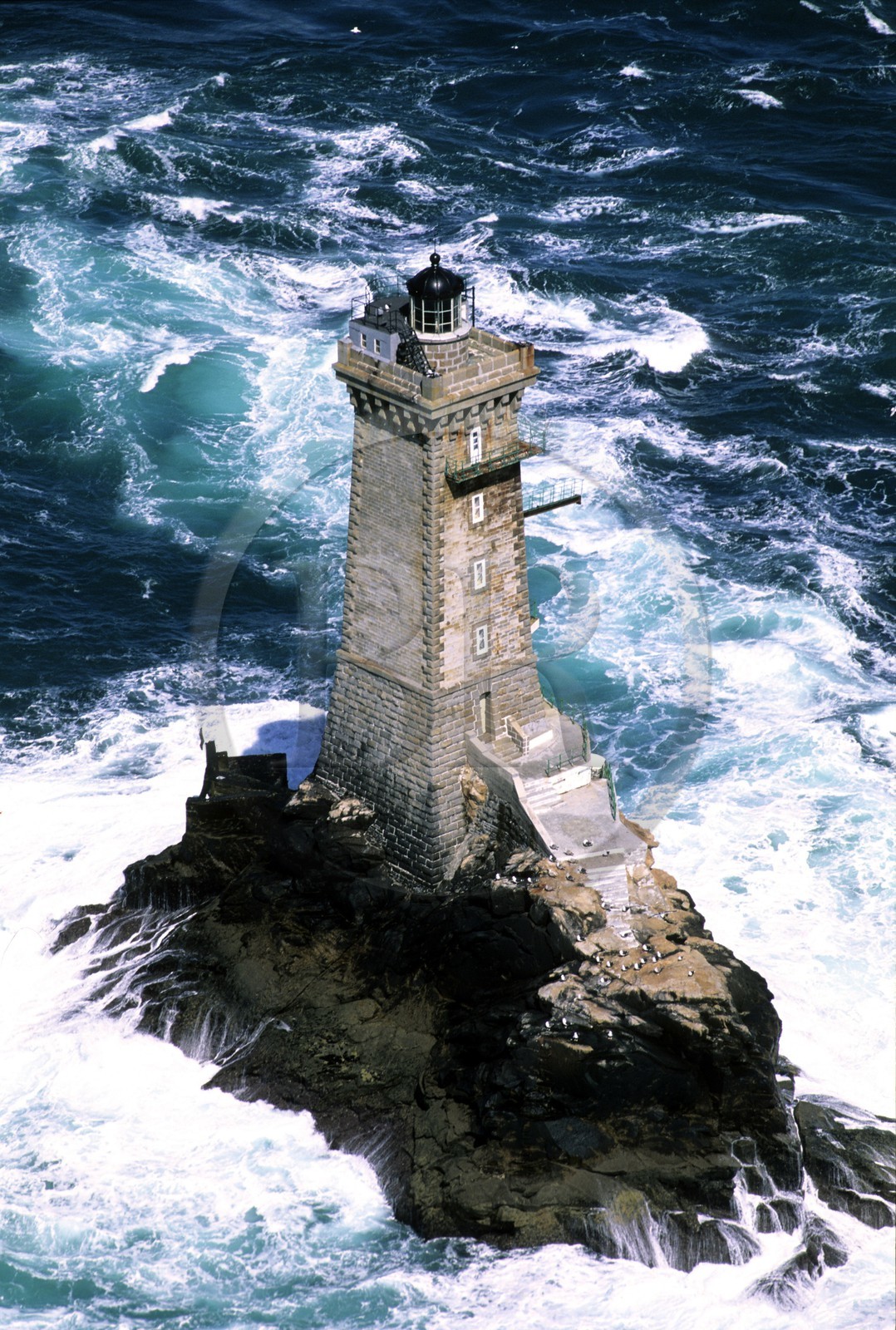 France, Finistere, off the Pointe du Raz (Raz Headland), Phare de la Vieille, lighthouse (aerial view)