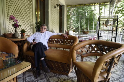 France, Alpes de Haute Provence, Ubaye valley, Barcelonnette, the Honorary Consul of Mexico and former town mayor Jean Chabre in the veranda of his Mexican Villa