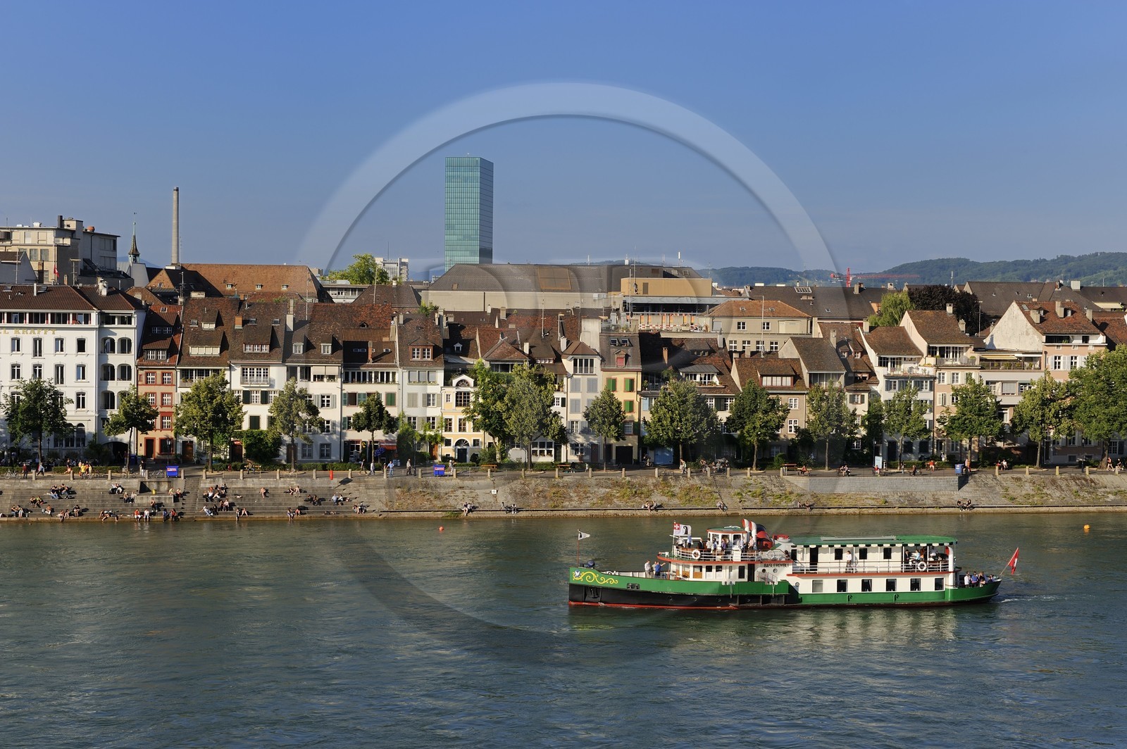 Switzerland, Canton Basel-Stadt, Basel, Little Basel district on the right bank of the river Rhine, small cruise on the Rhine
