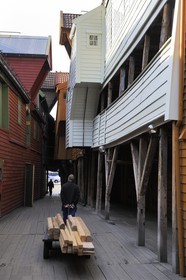 Norway, Hordaland County, Bergen, wooden houses in Bryggen District, listed as World Heritage by UNESCO, former trading post of the Hanseatic League