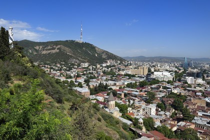 Georgia, Tbilisi, Mother Georgia statue looking over the city, global view from the fortress of Narikala