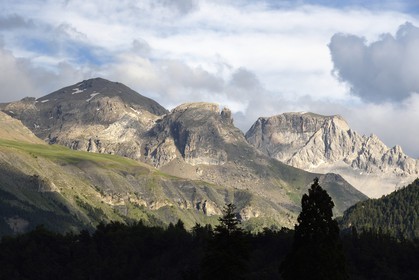 France, Alpes de Haute Provence, Ubaye valley, the Mercantour national Park mountains, the Tete de Sanguinieres and the col de Restefond behind the Lans hamlet east of Jausiers