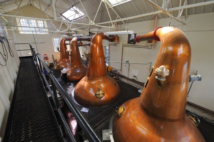 Royaume-Uni, Ecosse, Iles Orcades, Kirkwall, distillerie de whisky Highland Park, distillation du wash dans des alambics en cuivre Pot-stills