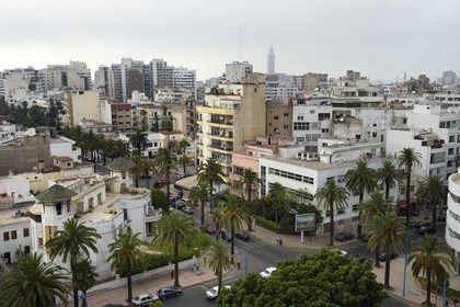 Morocco, Casablanca, villa called les Tourelles at the corner of rue d'Alger and boulevard Rachidi, architect Marius Boyer (1930), and Grand Hassan II Mosque in the background
