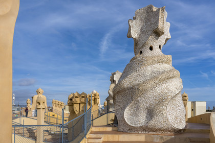 Spain, Catalonia, Barcelona, Eixample district, Passeig de Gracia, Pedrera or Casa Mila (1905-1910) by the Catalan modernist architect Antoni Gaudi, UNESCO World Heritage site, chimneys and ventilation towers on the roof terrace of the building