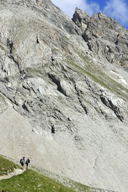 France, Alpes-de-Haute-Provence (04), Uvernet-Fours, parc national du Mercantour, vallée de l'Ubaye, col de la Cayolle (2326 m), sentier de randonnée qui grimpe à travers la pelouse alpine sur le circuit des lacs sous le sommet de la montagne du Trou de l’Aigle