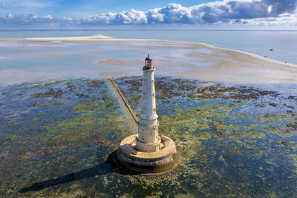 France, Gironde, Verdon sur Mer, rocky plateau of Cordouan at low tide, lighthouse of Cordouan, listed as World Heritage by UNESCO (aerial view)