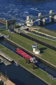 France, Eure, Port Mort, dam and locks on the Seine River (aerial view)