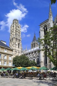 France, Seine Maritime, Rouen, Notre Dame of Rouen Cathedral, cafe terrace in front of the Calende portal and the Tour de Beurre (Butter Tower)
