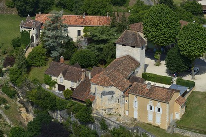 France, Dordogne, Perigord Vert, Condat-sur-Trincou, Saint-Etienne church and its bell tower (aerial view)