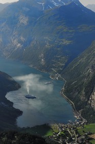 Norway, More Og Romsdal, cruise ship in the Geirangerfjord (aerial view)