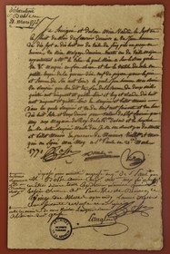 France, Ile de la Reunion, Saint-Gilles-les-Hauts, Musée de Villèle dans le domaine Panon-Desbassyns, ancienne propriété coloniale au cœur d'une grande plantation de canne à sucre qui faisait travailler un peu plus de 400 esclaves, vente d'un esclave avec sa description datée  du 21 mars 1772