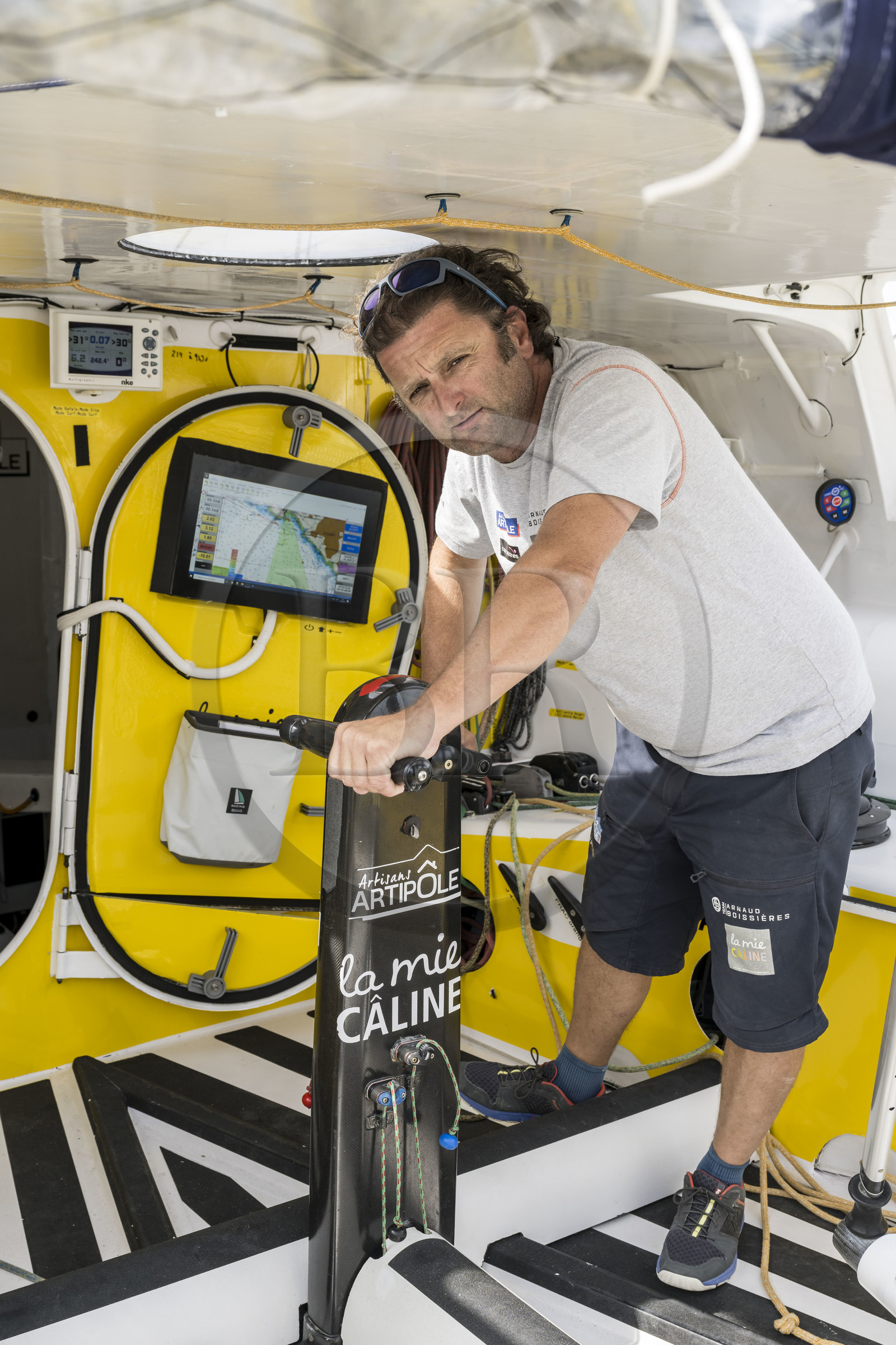 France, Vendee, Les Sables d'Olonne, Port Olona, Vendée Globe sailboat pontoon, le skipper Arnaud Boissière du voilier monocoque de 60 pieds IMOCA La Mie Caline