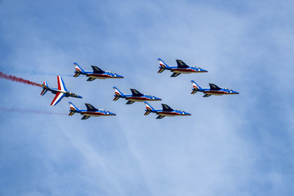 France, Bouches du Rhone, Salon de Provence, air base 701, base of the Patrouille de France (PAF for Patrouille acrobatique de France) of the French Air and Space Force, Alphajet aircraft aerial demonstrations at the Echange des Gardes Ceremony