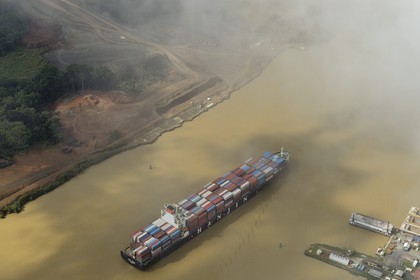 Panama, Panama Canal at Gamboa, Panamax container cargo (aerial view)